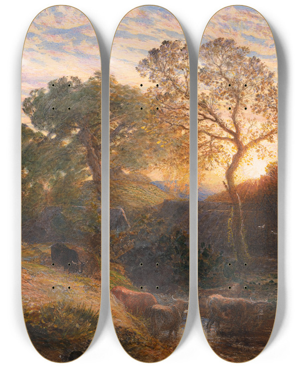 Triptych art skateboard deck of Samuel Palmer Sunset_1 by Samuel Palmer (1805-1881)
