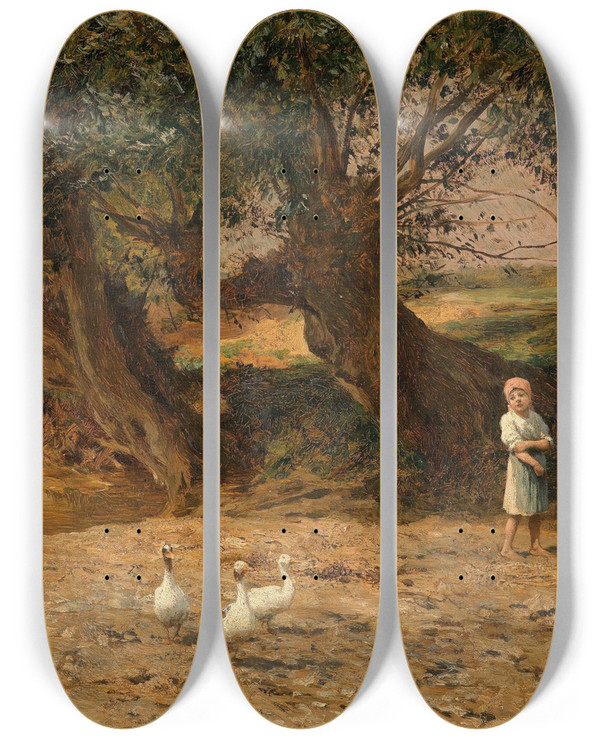 Triptych art skateboard deck of Carl Rudolf Huber Das Kleine Gnseliesel Unter Weiden by Carl Rudolf Huber (1839-1896)