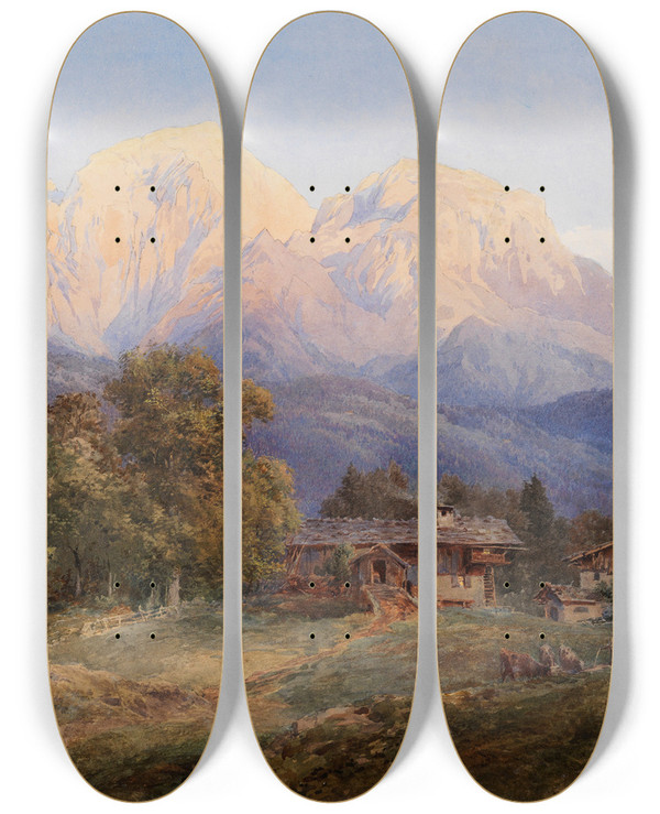 Triptych art skateboard deck of Edward Theodore Compton Hoher Gll Berchtesgaden by Edward Theodore Compton (1849-1921)