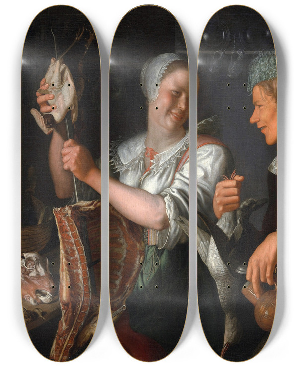Triptych art skateboard deck of Peter Wtewael Kitchen Scene by Peter Wtewael (1596-1660)