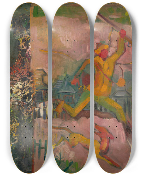 Triptych art skateboard deck of Arnold Peter Weiszkubnan Running Hunter With A Rifle by Arnold Peter Weisz-Kubnan (1898-1944)