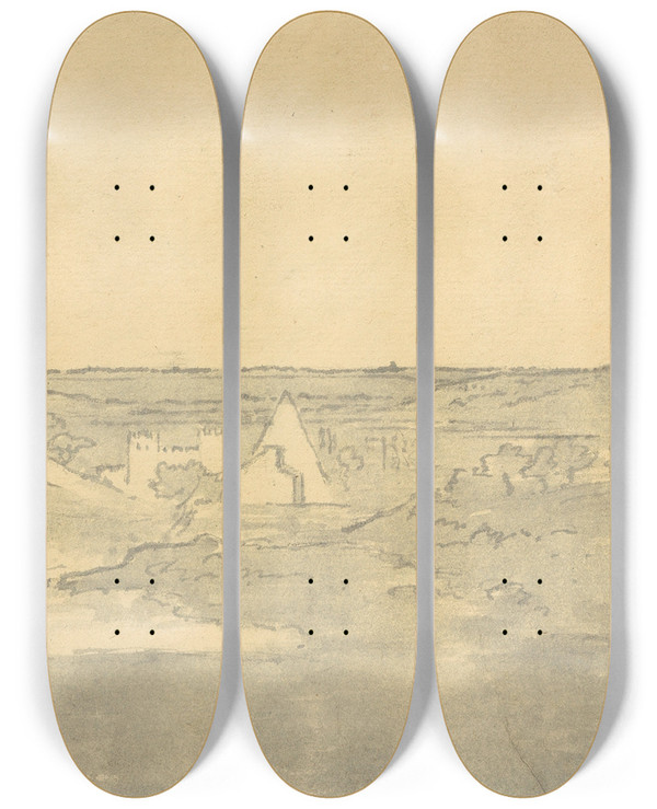 Triptych art skateboard deck of Joseph Wright Of Derby Landscape With Distant Buildings_1 by Joseph Wright Of Derby (1734-1797)