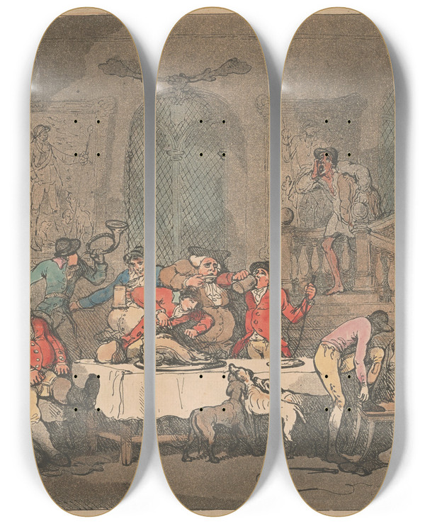 Triptych art skateboard deck of Thomas Rowlandson The Breakfast by Thomas Rowlandson (1756-1827)