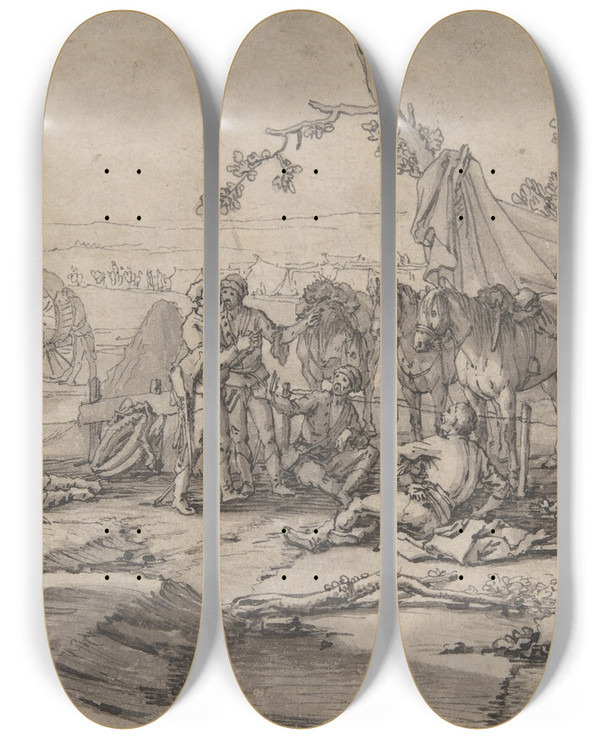 Triptych art skateboard deck of Georg Philipp Rugendas The Elder Cavalry Men At Rest by Georg Philipp Rugendas The Elder (1666-1743)