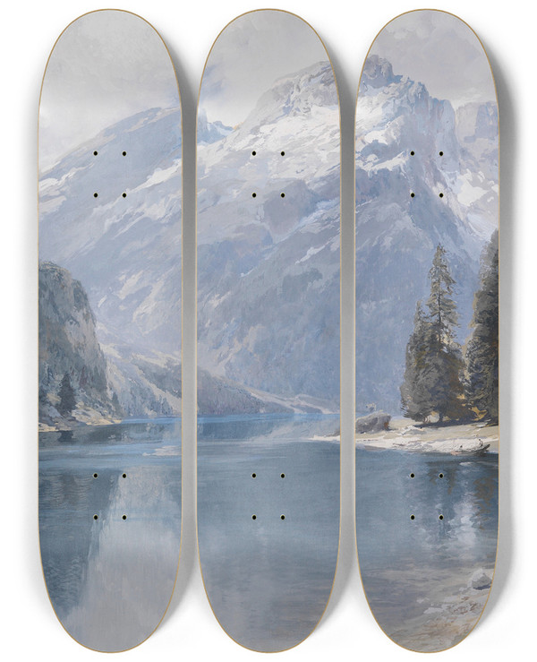 Triptych art skateboard deck of Edward Theodore Compton Pragser Wildsee by Edward Theodore Compton (1849-1921)