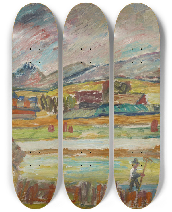 Triptych art skateboard deck of Sasza Blonder Peasant With A Rake by Sasza Blonder (1909-1949)