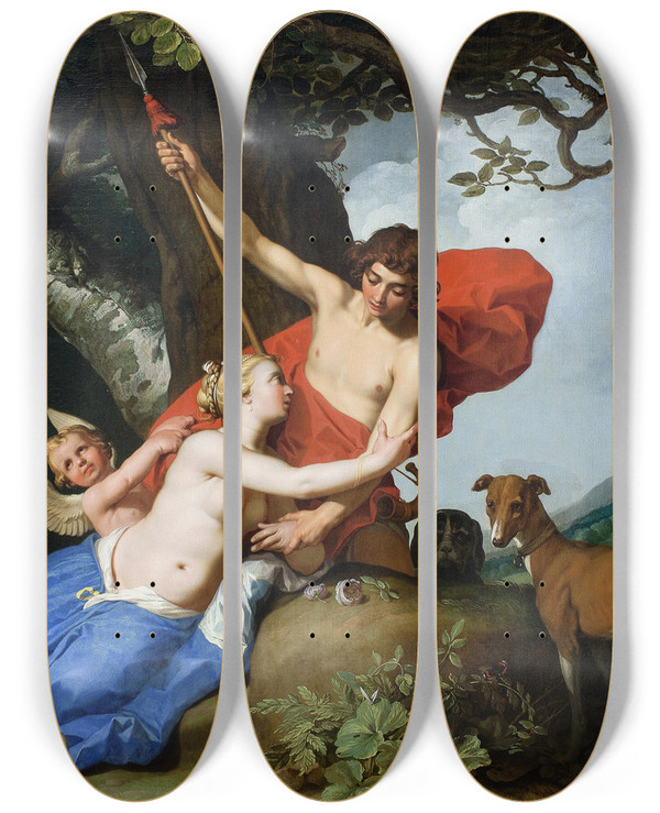 Triptych art skateboard deck of Abraham Bloemaert Venus And Adonis_1 by Abraham Bloemaert (1564-1651)