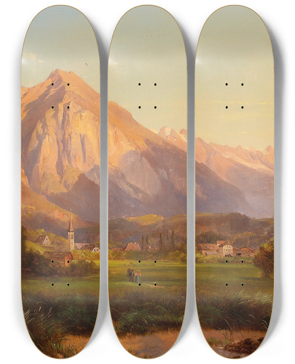 Triptych art skateboard deck of Anton Hansch Alpine Landscape by Anton Hansch (1813-1876)