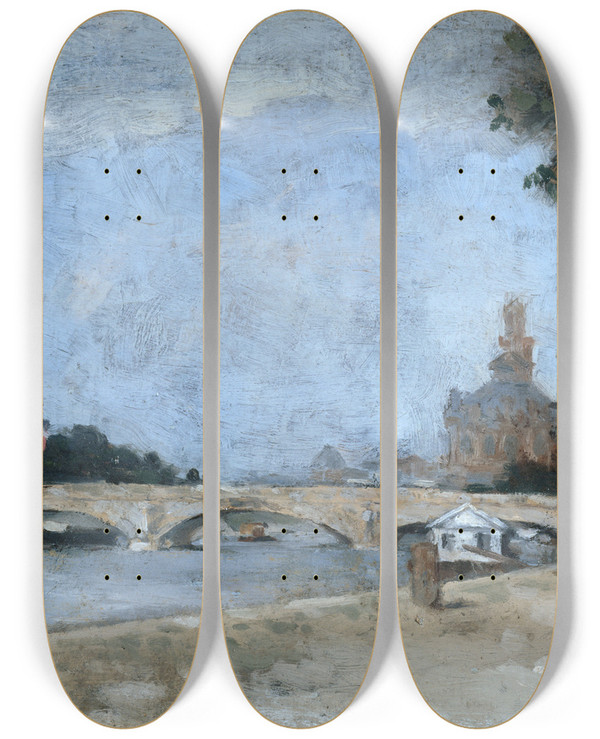 Triptych art skateboard deck of Marc Marie Georges Mouclier La Tour Eiffel En Construction Vue Du Quai De La Confrence by Marc Marie Georges Mouclier (1865-1948)