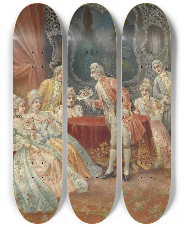 Triptych art skateboard deck of Stephan Sedlacek Der Antrag by Stephan Sedlacek (1868-1936)
