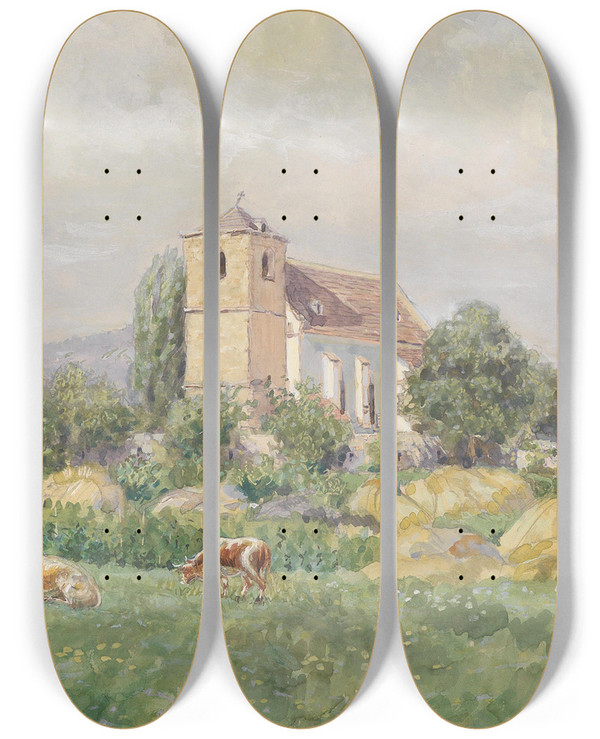 Triptych art skateboard deck of Eugen Jettel Kirche In Staatz by Eugen Jettel (1845-1901)