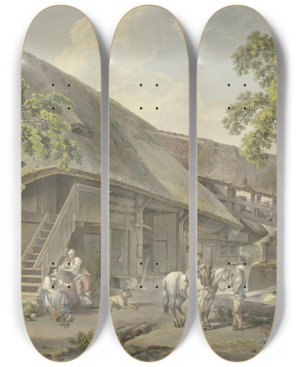 Triptych art skateboard deck of Sigmund Freudenberger Schweizerhaus Am Brunnen Bauer Mit Einem Schimmel Auf Dem Ein Knabe Reitet by Sigmund Freudenberger (1745-1801)