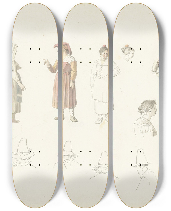 Triptych art skateboard deck of Josephus Augustus Knip Studieblad Met Italiaanse Boeren En Boerinnen by Josephus Augustus Knip (1777-1847)