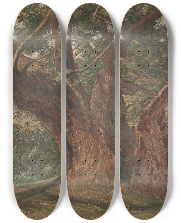 Triptych art skateboard deck of Charles Reginald Aston Trees In A Landscape by Charles Reginald Aston (1832-1908)