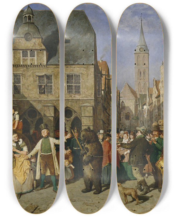 Triptych art skateboard deck of August Jernberg A Dancing Bear by August Jernberg (1826-1896)