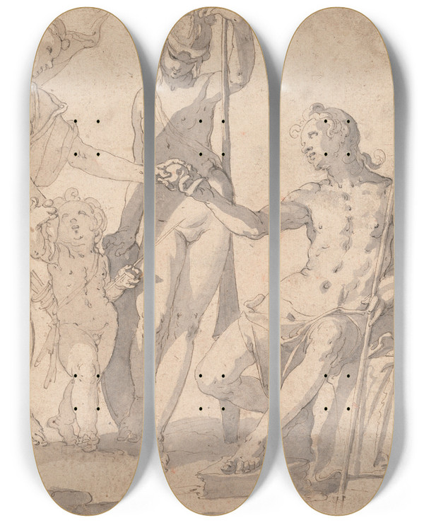 Triptych art skateboard deck of Joachim Wtewael The Judgment Of Paris_1 by Joachim Wtewael (1566-1638)