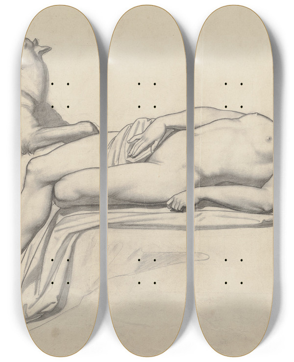 Triptych art skateboard deck of Bonaventura Genelli The Dead Adonis by Bonaventura Genelli (1798-1868)