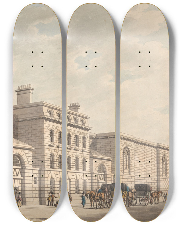 Triptych art skateboard deck of Thomas Malton The Younger Newgate by Thomas Malton the Younger (1748-1804)