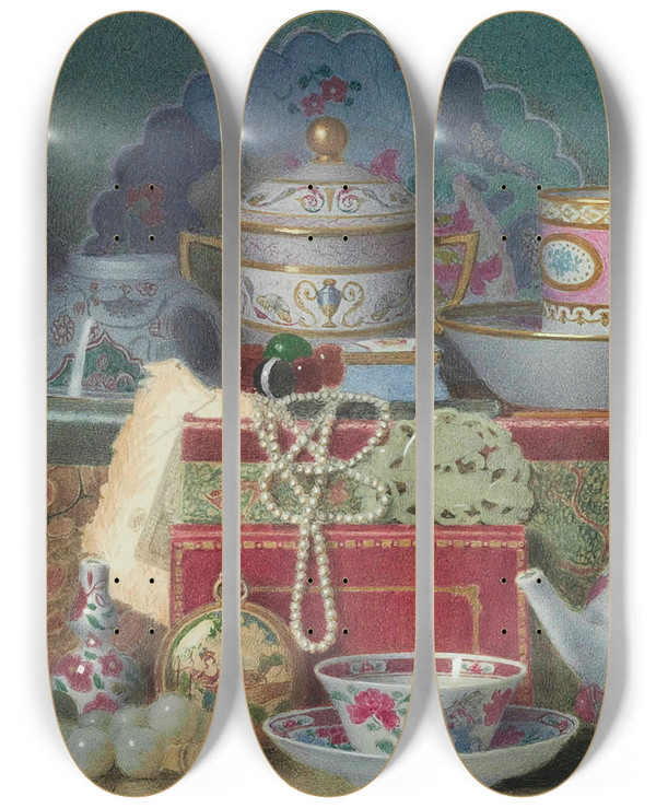 Triptych art skateboard deck of Benjamin Walter Spiers Old China by Benjamin Walter Spiers (1845-1923)