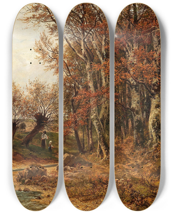 Triptych art skateboard deck of Fanny Assenbaum On The Way Home by Fanny Assenbaum (1848-1901)