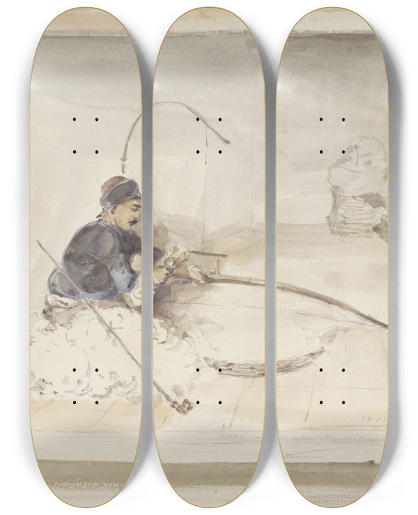 Triptych art skateboard deck of Denis Auguste Marie Raffet Zittende Katoenwerker by Denis Auguste Marie Raffet (1804-1860)