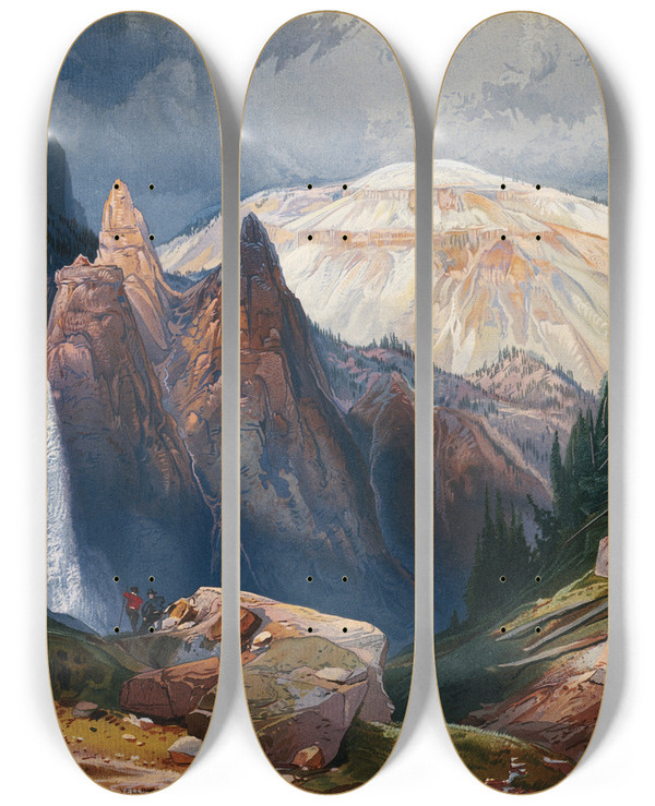 Triptych art skateboard deck of Thomas Moran Tower Falls And Sulphur Mountain Yellowstone_1 by Thomas Moran (1837-1926)