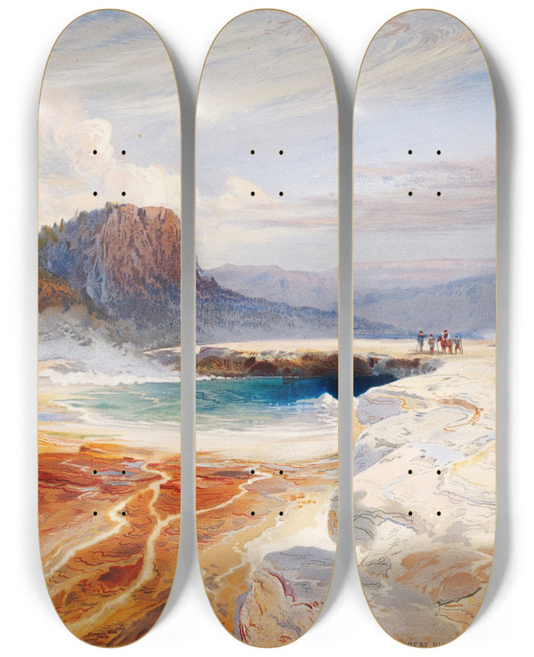 Triptych art skateboard deck of Thomas Moran The Great Blue Spring Of The Lower Geyser Basin Yellowstone_1 by Thomas Moran (1837-1926)