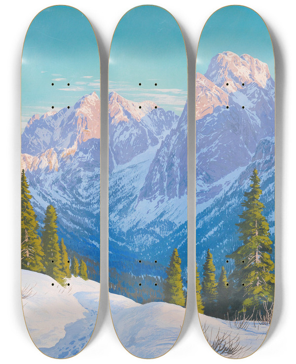 Triptych art skateboard deck of Rudolf Reschreiter Blick Auf Das Kaisertal by Rudolf Reschreiter (1868-1939)