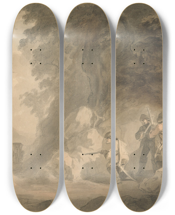 Triptych art skateboard deck of Samuel Davis Continental Scene Brigands In Ambush Awaiting A Coach by Samuel Davis (1757-1819)