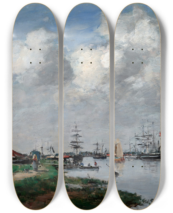 Triptych art skateboard deck of Eugne Boudin The Escaut River Inantwerp by Eugene Boudin (1824-1898)