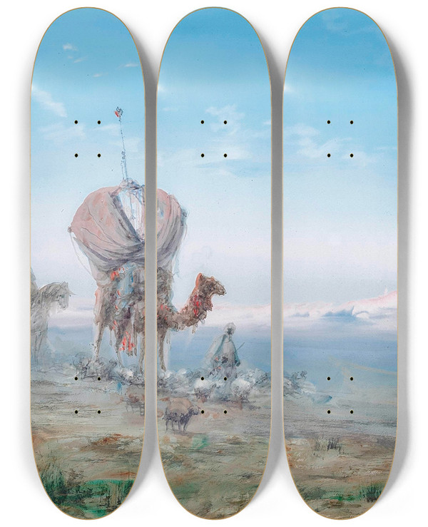 Triptych art skateboard deck of Paul Pascal A Caravan In The Desert by Paul Pascal (1839-1905)