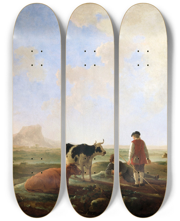 Triptych art skateboard deck of Aelbert Cuyp Herdsmen With Cows by Aelbert Cuyp (1620-1691)