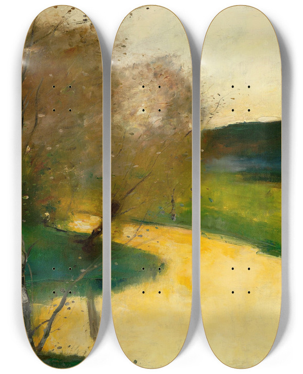 Triptych art skateboard deck of Lesser Ury Herbstliche Bachlandschaft Im Abendlicht Thringen by Lesser Ury (1861-1931)