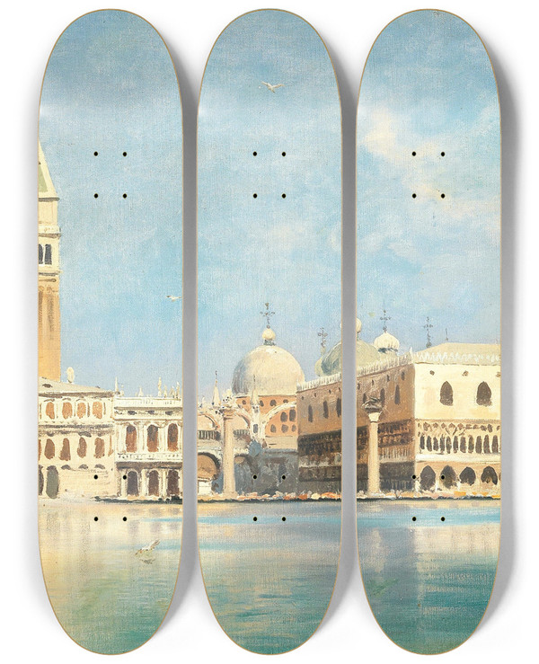 Triptych art skateboard deck of Ascan Lutteroth Venice View Of St Marks Square by Ascan Lutteroth (1842-1923)