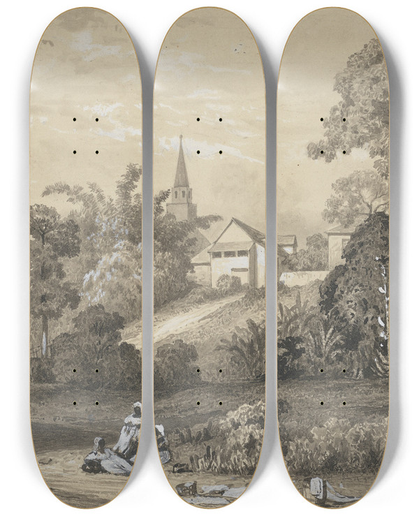 Triptych art skateboard deck of Michel Jean Cazabon River Side St Joseph by Michel Jean Cazabon (1813-1888)