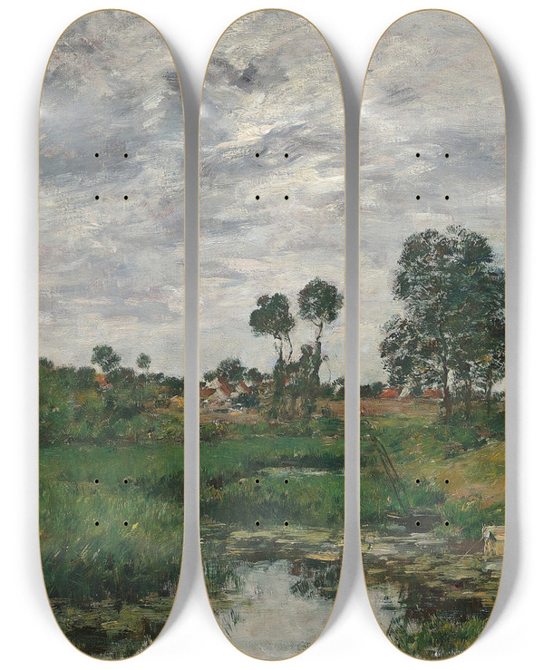 Triptych art skateboard deck of Eugne Boudin La Maison Du Fermier Environs De Dunkerque_2 by Eugene Boudin (1824-1898)