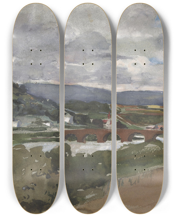 Triptych art skateboard deck of Johann Marx Flulandschaft Mit Brcke by Johann Marx