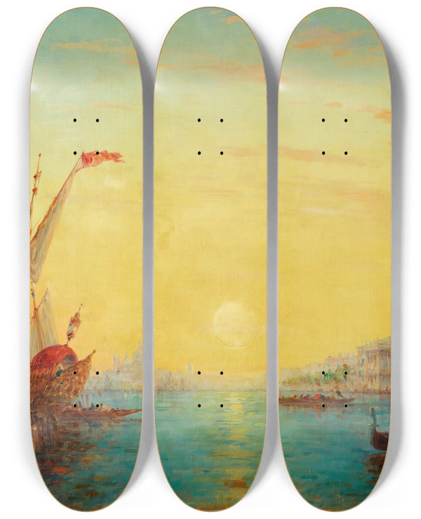 Triptych art skateboard deck of Charles Clement Calderon Venice By Sundown by Charles Clement Calderon (1870-1906)