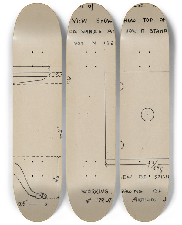 Triptych art skateboard deck of Arthur Johnson Tripod Table by Arthur Johnson