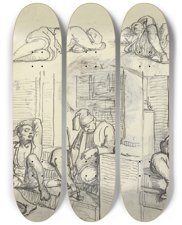 Triptych art skateboard deck of Wilhelm Marstrand Studier Af Tyrk Og Lazzaron P En Trappe by Wilhelm Marstrand (1810-1873)