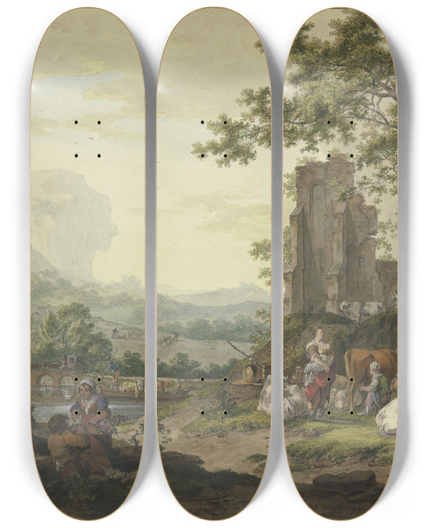 Triptych art skateboard deck of Bernhard Hendrik Thier Landschaft by Bernhard Hendrik Thier (1743-1811)