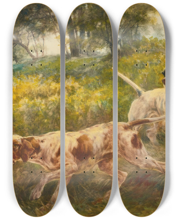 Triptych art skateboard deck of Edmund Henry Osthaus Two Pointers by Edmund Henry Osthaus (1858-1928)