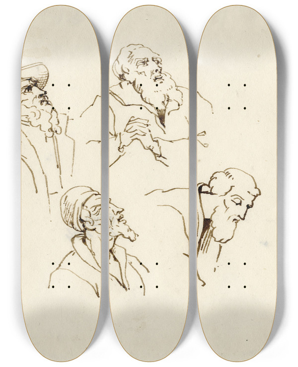 Triptych art skateboard deck of David Humbert De Superville Vier Bebaarde Koppen Detail Schilderij Vd Werf by David Humbert De Superville (1770-1849)