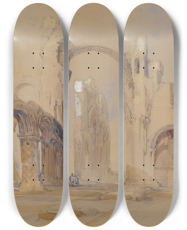Triptych art skateboard deck of David Roberts Lindisfarne Priory Northumberland by David Roberts (1796-1864)