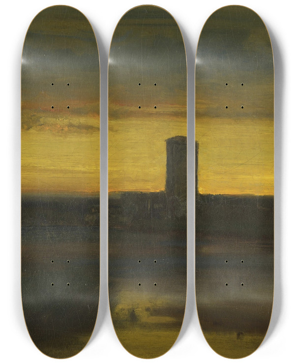 Triptych art skateboard deck of George Inness The After Glow Italy_2 by George Inness (1825-1894)