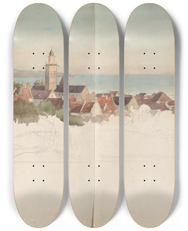 Triptych art skateboard deck of Hans Gude Berlingen by Hans Gude (1825-1903)