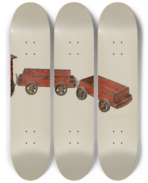 Triptych art skateboard deck of Robert Clark Toy Train by Robert Clark