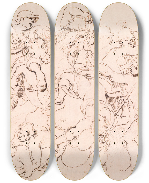 Triptych art skateboard deck of Willem Panneels Amazonernes Kamp by Willem Panneels (1600-1634)
