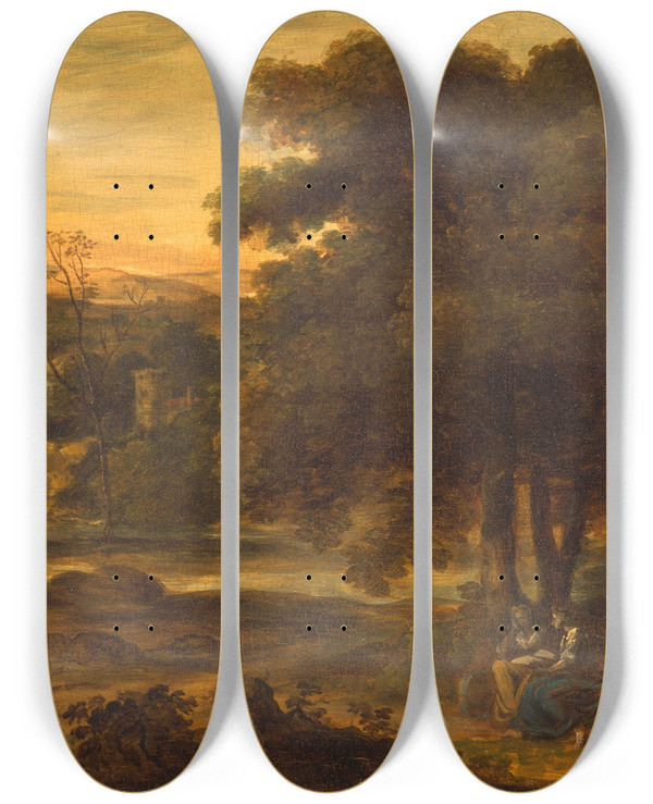 Triptych art skateboard deck of Alexander Runciman Classical Landscape by Alexander Runciman (1736-1785)