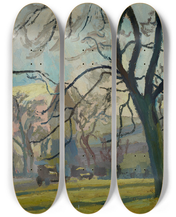 Triptych art skateboard deck of Stanisaw Kamocki Theme From The Planty Park In Krakow by Stanislaw Kamocki (1875-1944)